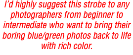 I’d highly suggest this strobe to any photographers from beginner to intermediate who want to bring their boring blue/green photos back to life with rich color. 